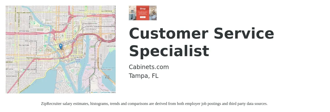 Cabinets.com job posting for a Customer Service Specialist in Tampa, FL with a salary of $16 to $21 Hourly with a map of Tampa location.