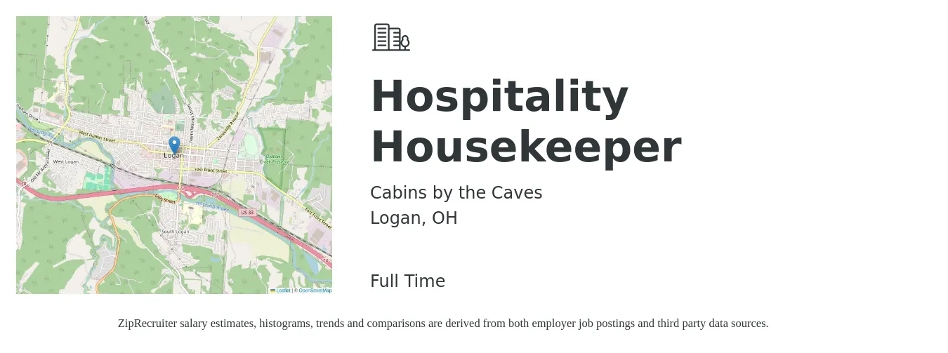 Cabins by the Caves job posting for a Hospitality Housekeeper in Logan, OH with a salary of $7 to $14 Hourly with a map of Logan location.