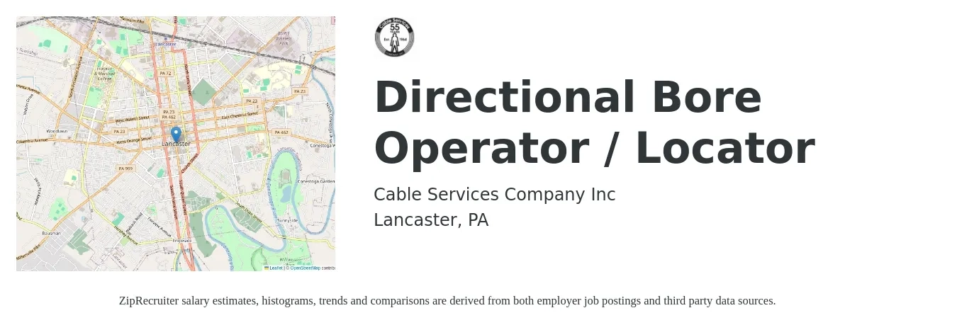 Cable Services Company, Inc. job posting for a Directional Bore Operator / Locator in Lancaster, PA with a salary of $24 to $29 Hourly with a map of Lancaster location.