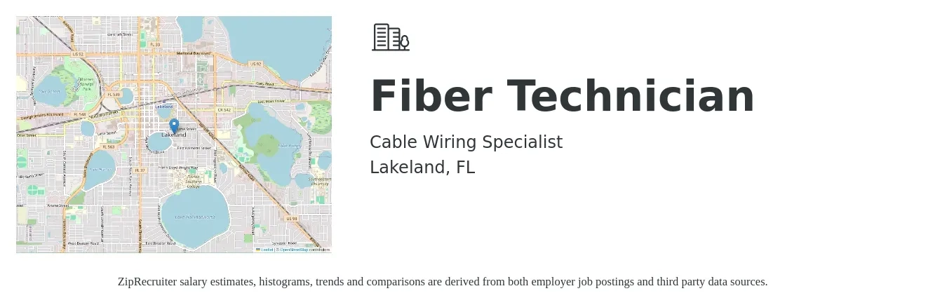 Cable Wiring Specialist job posting for a Fiber Technician in Lakeland, FL with a salary of $15 to $19 Hourly with a map of Lakeland location.