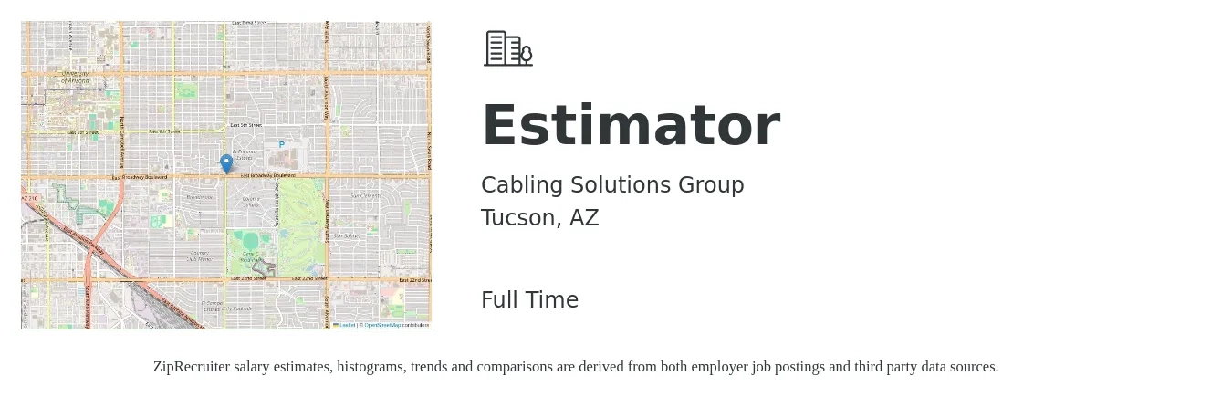 Cabling Solutions Group job posting for a Estimator in Tucson, AZ with a salary of $18 to $20 Hourly with a map of Tucson location.