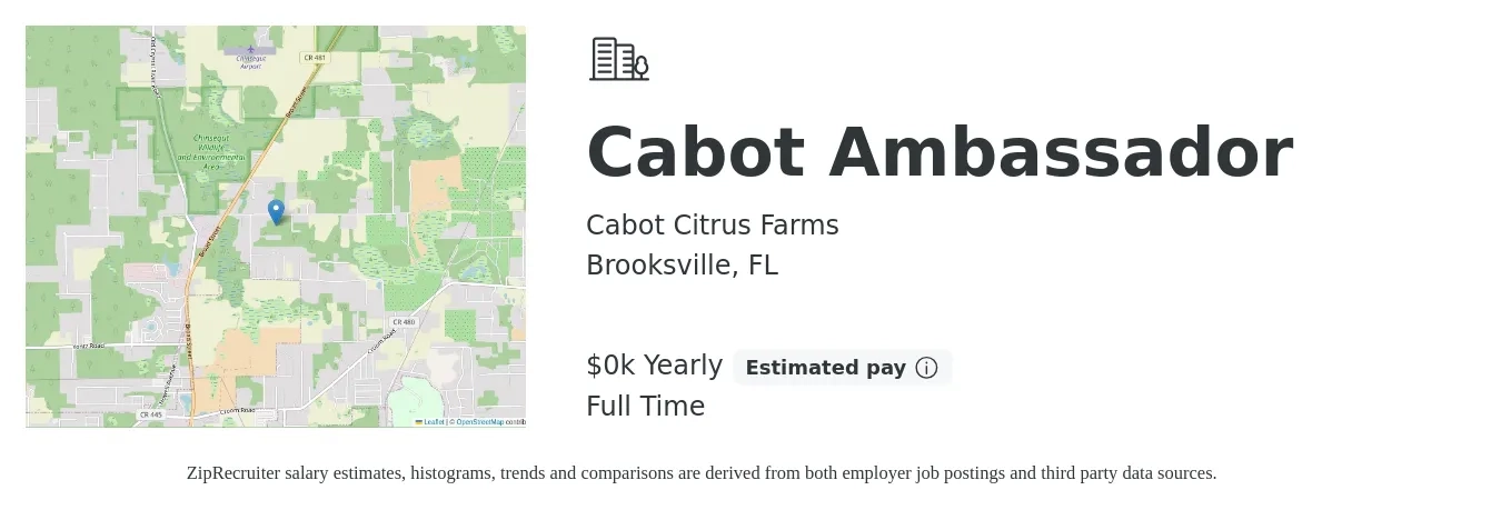 Cabot Citrus Farms job posting for a Cabot Ambassador in Brooksville, FL with a salary of $16 Yearly with a map of Brooksville location.