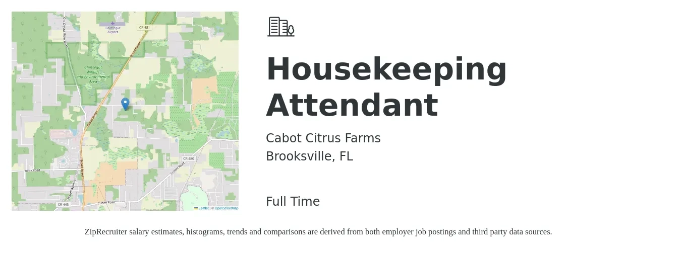 Cabot Citrus Farms job posting for a Housekeeping Attendant in Brooksville, FL with a salary of $11 to $14 Hourly with a map of Brooksville location.