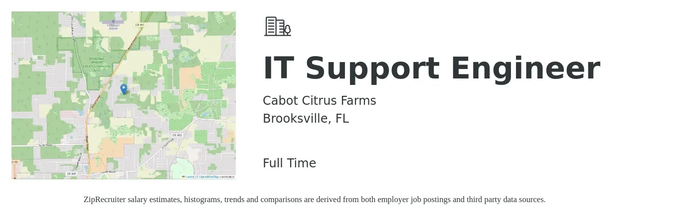 Cabot Citrus Farms job posting for a IT Support Engineer in Brooksville, FL with a salary of $40,900 to $61,600 Yearly with a map of Brooksville location.