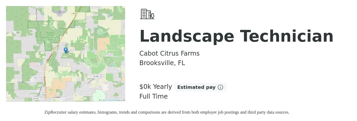 Cabot Citrus Farms job posting for a Landscape Technician in Brooksville, FL with a salary of $14 to $16 Yearly with a map of Brooksville location.