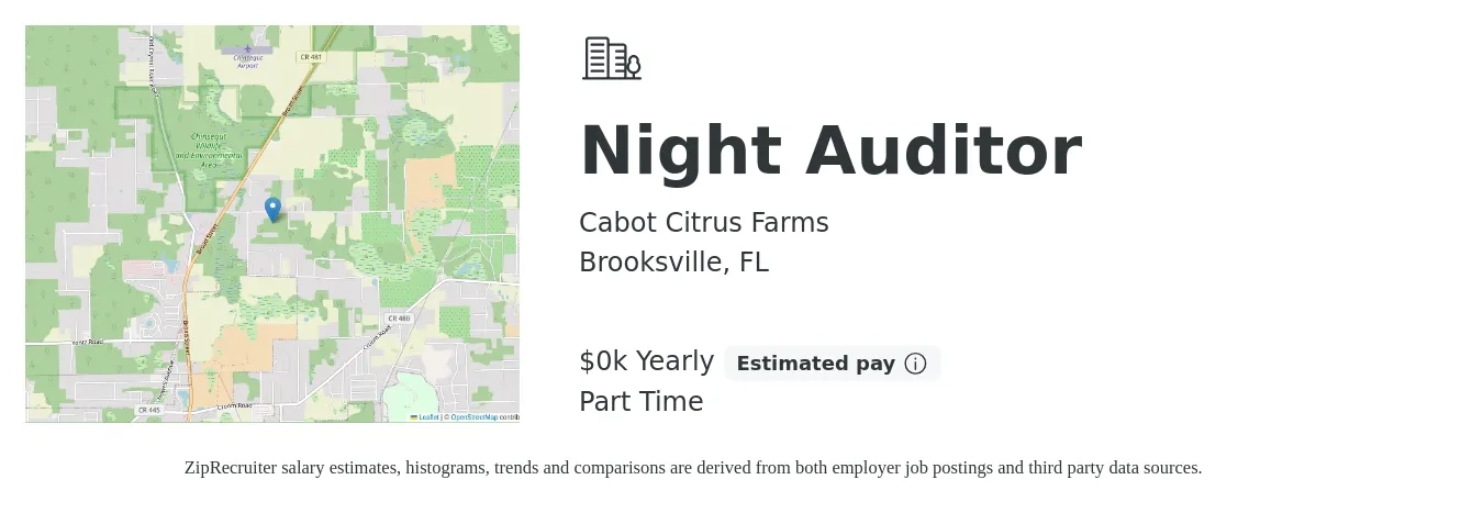 Cabot Citrus Farms job posting for a Night Auditor in Brooksville, FL with a salary of $18 Yearly with a map of Brooksville location.