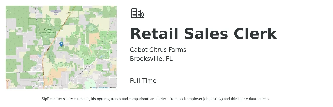 Cabot Citrus Farms job posting for a Retail Sales Clerk in Brooksville, FL with a salary of $12 to $16 Hourly with a map of Brooksville location.