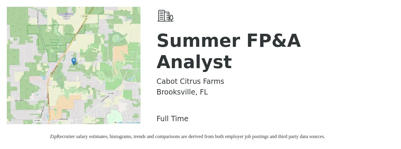 Cabot Citrus Farms job posting for a Summer FP&A Analyst in Brooksville, FL with a salary of $56,700 to $89,500 Yearly with a map of Brooksville location.
