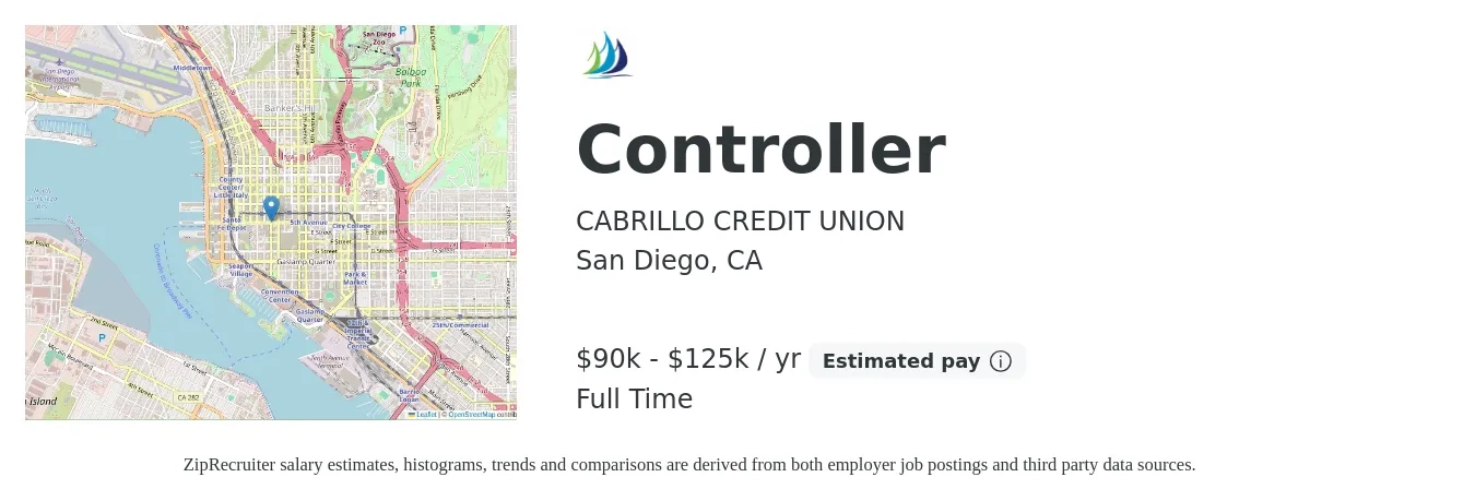 CABRILLO CREDIT UNION job posting for a Controller in San Diego, CA with a salary of $90,000 to $100,000 Yearly with a map of San Diego location.