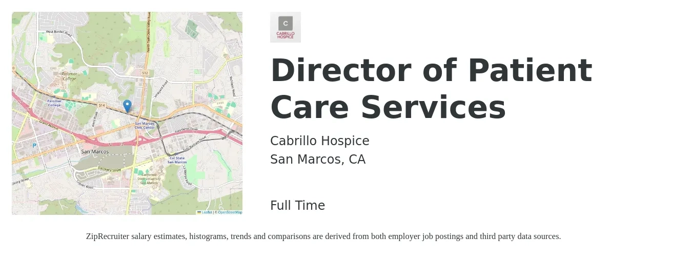 Cabrillo Hospice job posting for a Director of Patient Care Services in San Marcos, CA with a salary of $140 Hourly with a map of San Marcos location.