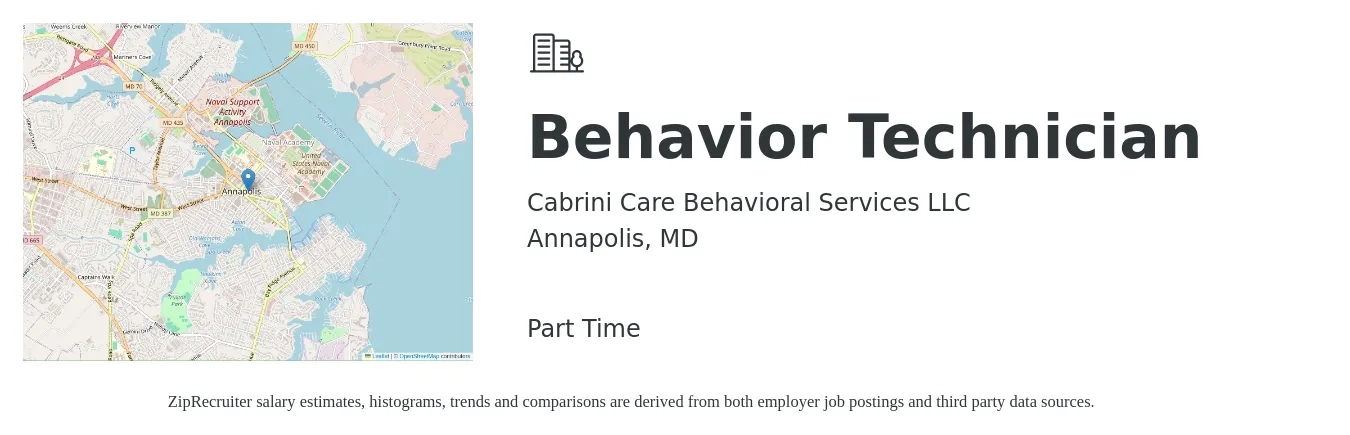 Cabrini Care Behavioral Services LLC job posting for a Behavior Technician in Annapolis, MD with a salary of $20 to $30 Hourly with a map of Annapolis location.