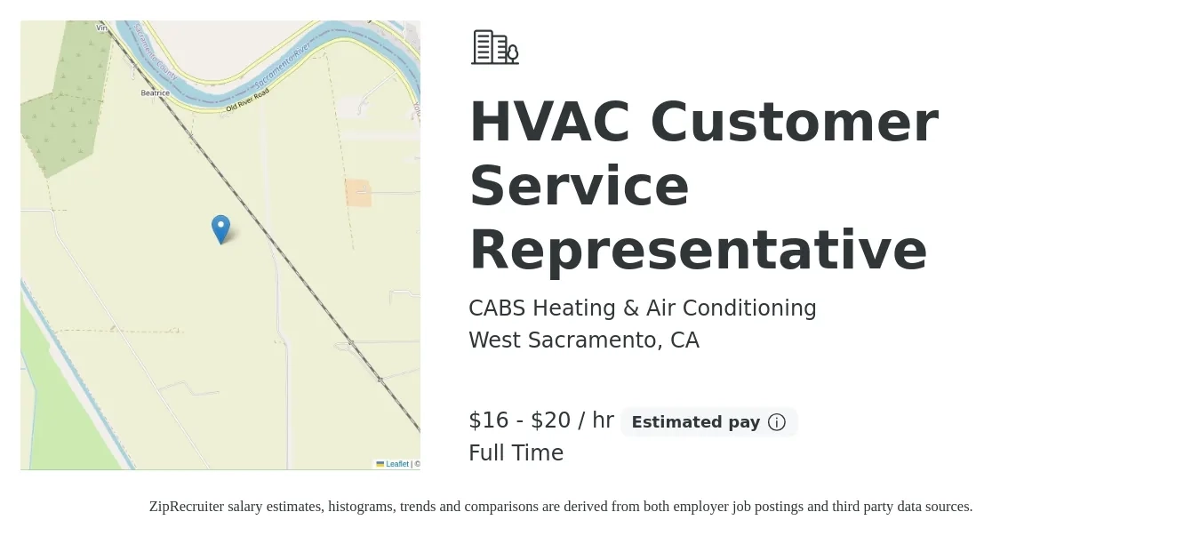 CABS Heating & Air Conditioning job posting for a HVAC Customer Service Representative in West Sacramento, CA with a salary of $17 to $21 Hourly with a map of West Sacramento location.