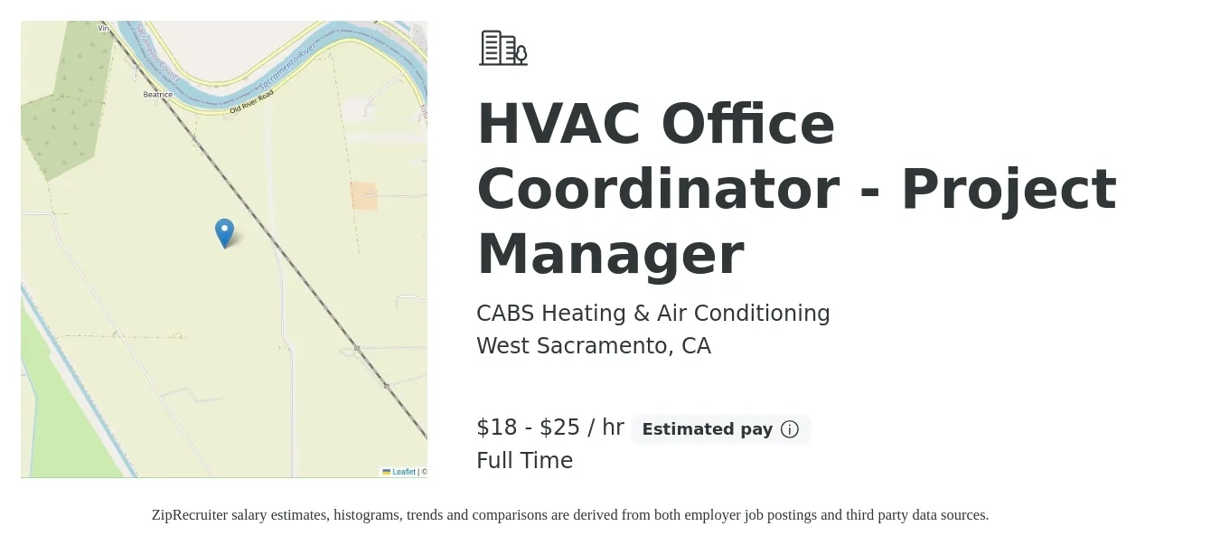 CABS Heating & Air Conditioning job posting for a HVAC Office Coordinator - Project Manager in West Sacramento, CA with a salary of $19 to $26 Hourly with a map of West Sacramento location.