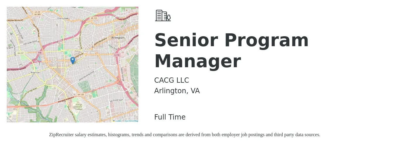 CACG LLC job posting for a Senior Program Manager in Arlington, VA with a salary of $132,600 to $133,100 Yearly with a map of Arlington location.