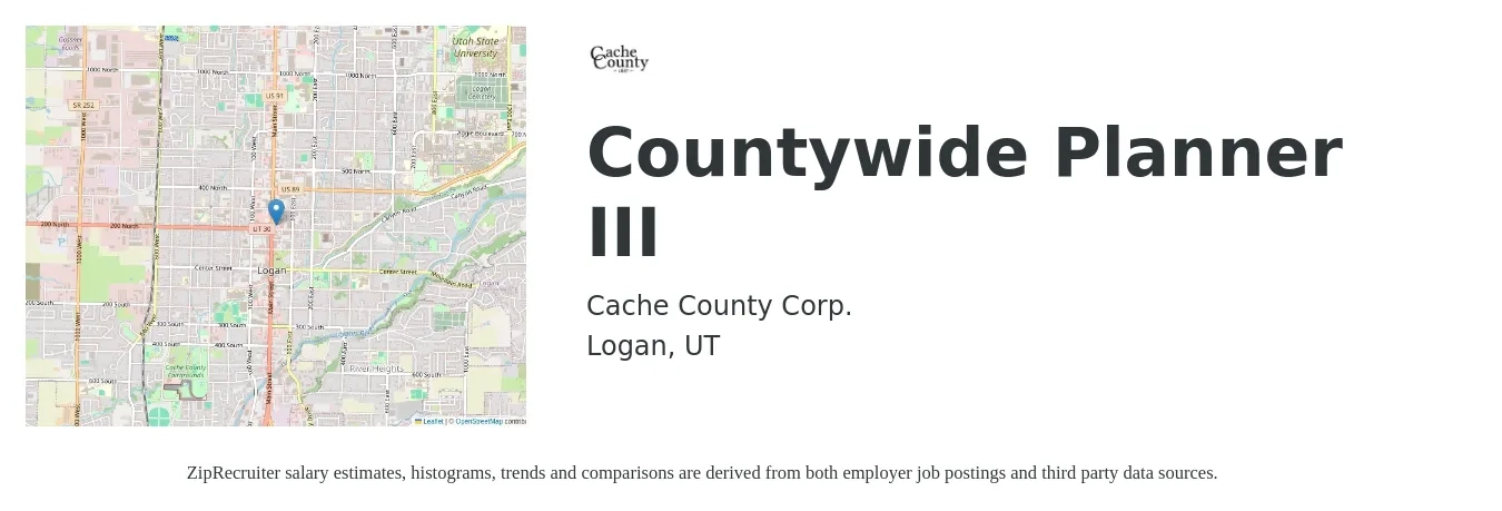 Cache County Corp. job posting for a Countywide Planner III in Logan, UT with a salary of $35 to $36 Hourly with a map of Logan location.