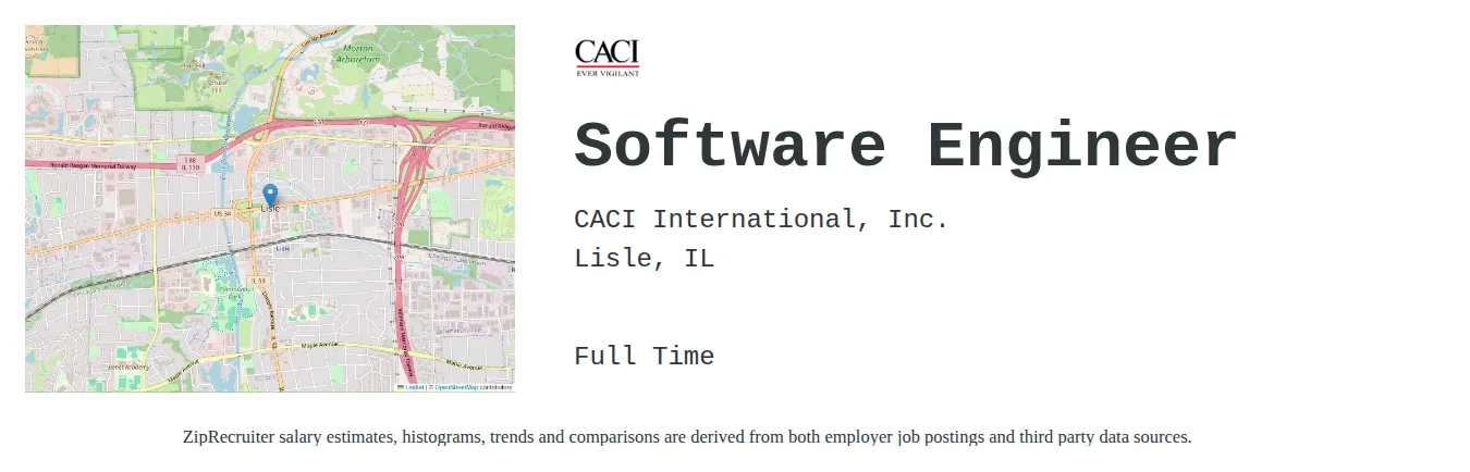 CACI International, Inc. job posting for a Software Engineer in Lisle, IL with a salary of $118,300 to $170,600 Annually and benefits including Medical, PTO, and Retirement with a map of Lisle location.