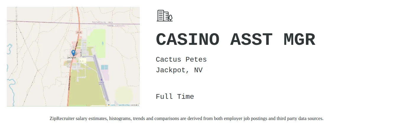 Cactus Petes job posting for a CASINO ASST MGR in Jackpot, NV with a salary of $15 to $24 Hourly and benefits including Medical, PTO, and Retirement with a map of Jackpot location.