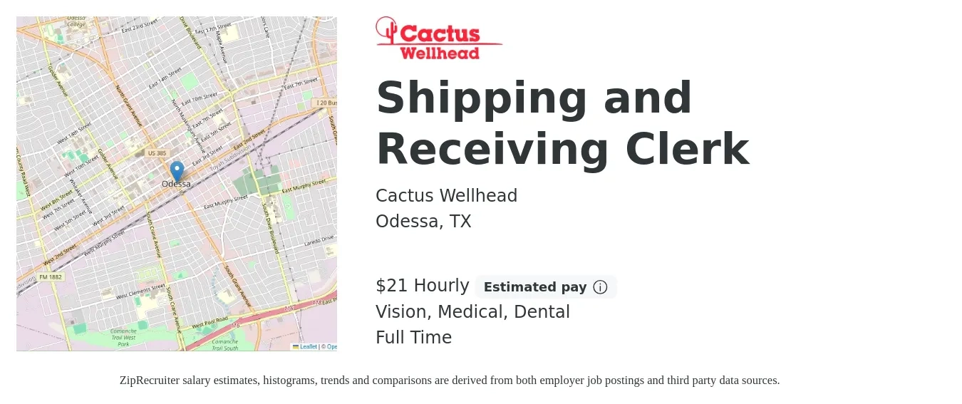 Cactus Wellhead job posting for a Shipping and Receiving Clerk in Odessa, TX with a salary of $22 Hourly and benefits including life_insurance, medical, pto, retirement, vision, and dental with a map of Odessa location.