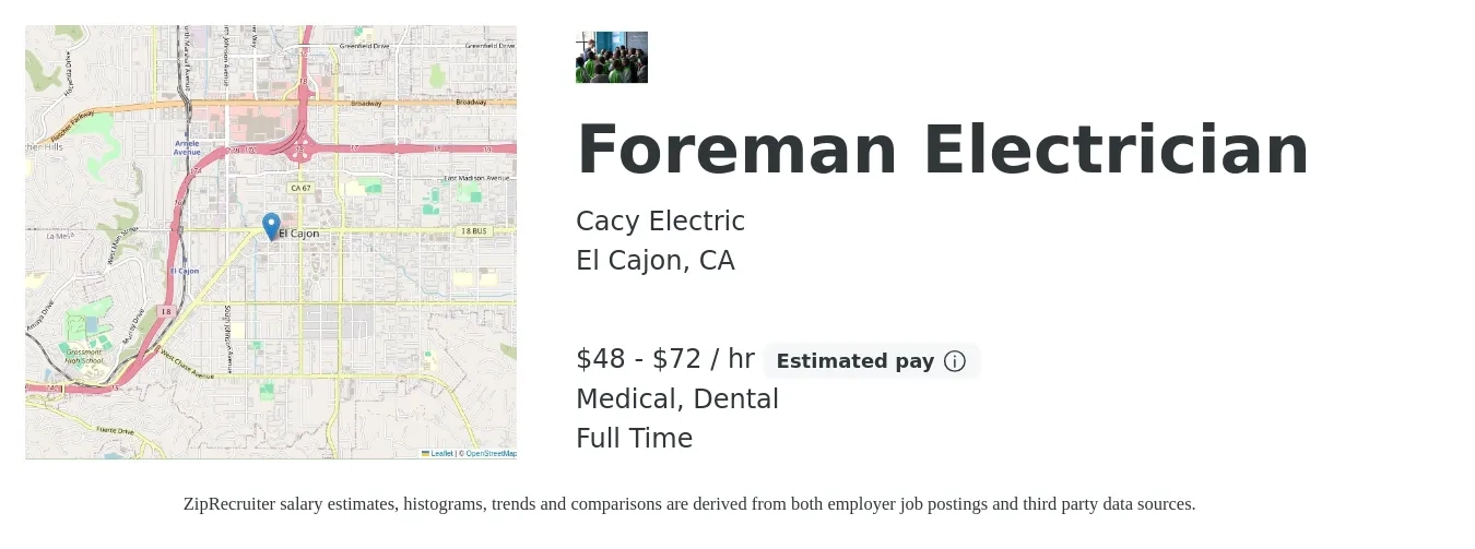 Cacy Electric job posting for a Foreman Electrician in El Cajon, CA with a salary of $50 to $75 Hourly and benefits including medical, pto, retirement, and dental with a map of El Cajon location.