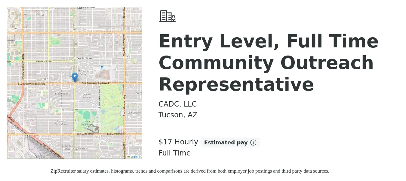 CADC, LLC job posting for a Entry Level, Full Time Community Outreach Representative in Tucson, AZ with a salary of $18 Hourly with a map of Tucson location.