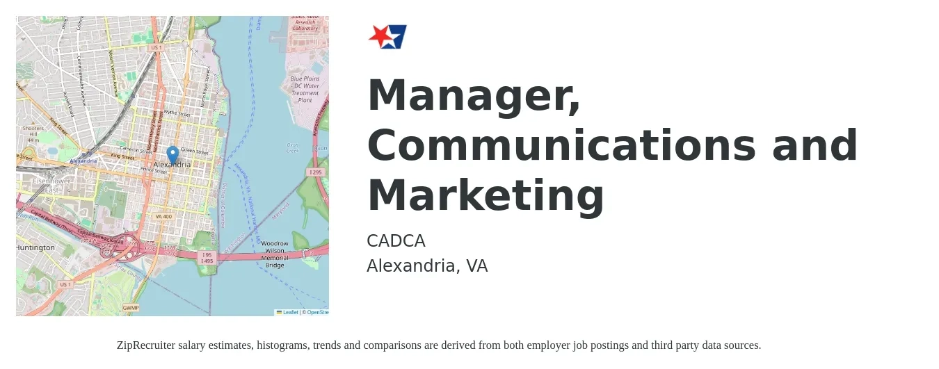 CADCA job posting for a Manager, Communications and Marketing in Alexandria, VA with a salary of $75 Hourly with a map of Alexandria location.