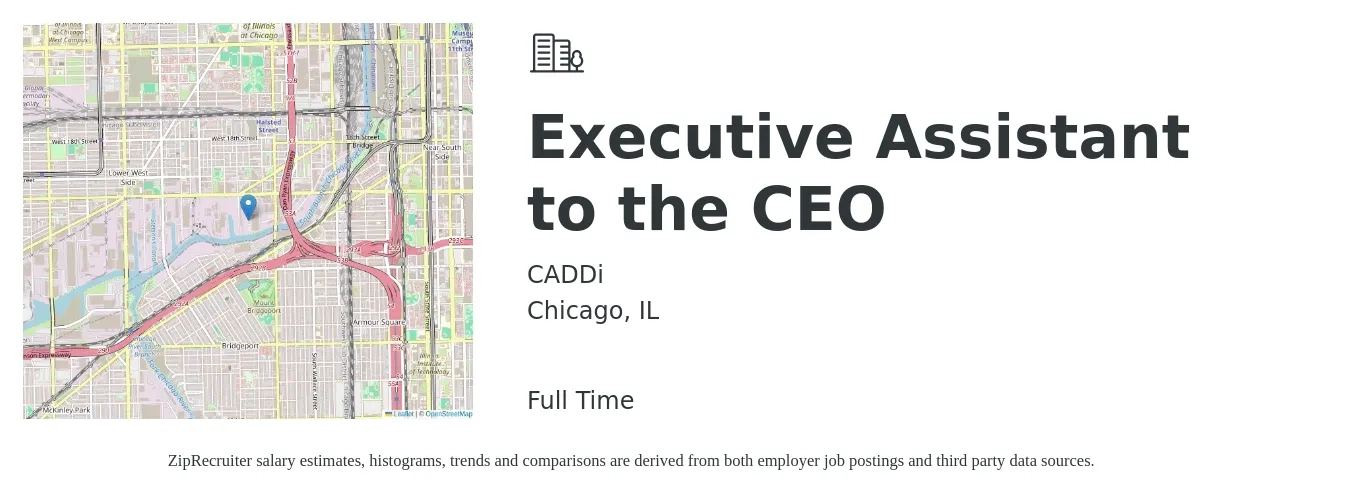 CADDi job posting for a Executive Assistant to the CEO in Chicago, IL with a salary of $56,200 to $103,100 Yearly with a map of Chicago location.
