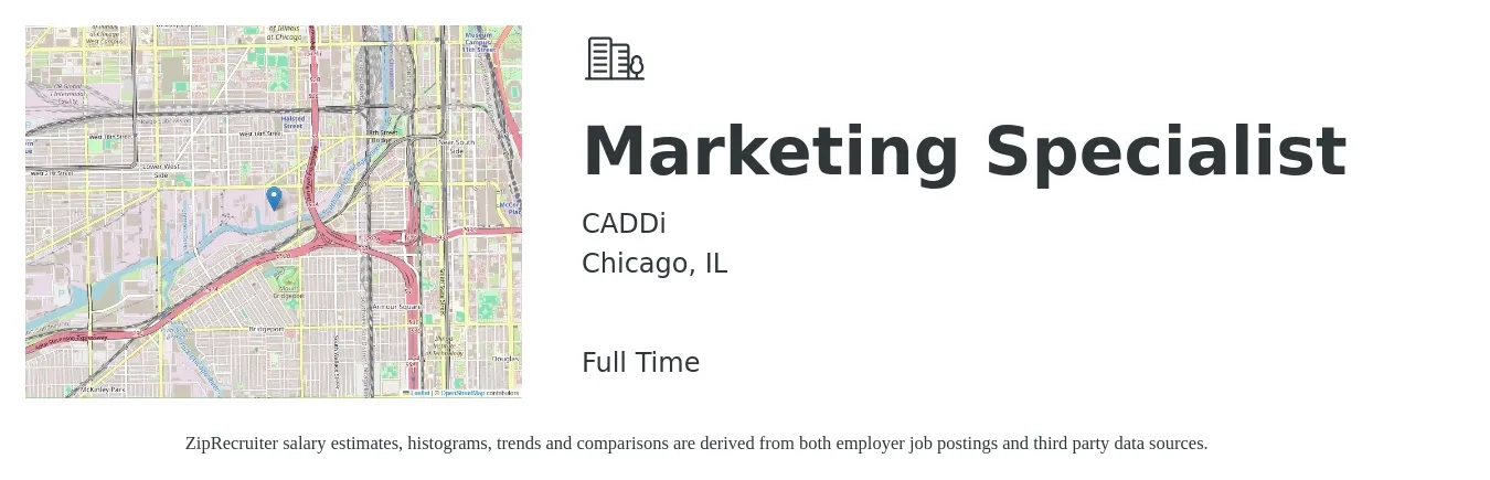 CADDi job posting for a Marketing Specialist in Chicago, IL with a salary of $49,000 to $72,200 Yearly with a map of Chicago location.