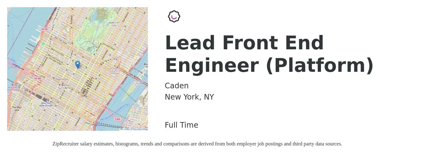 Caden job posting for a Lead Front End Engineer (Platform) in New York, NY with a salary of $170,000 to $190,000 Yearly with a map of New York location.