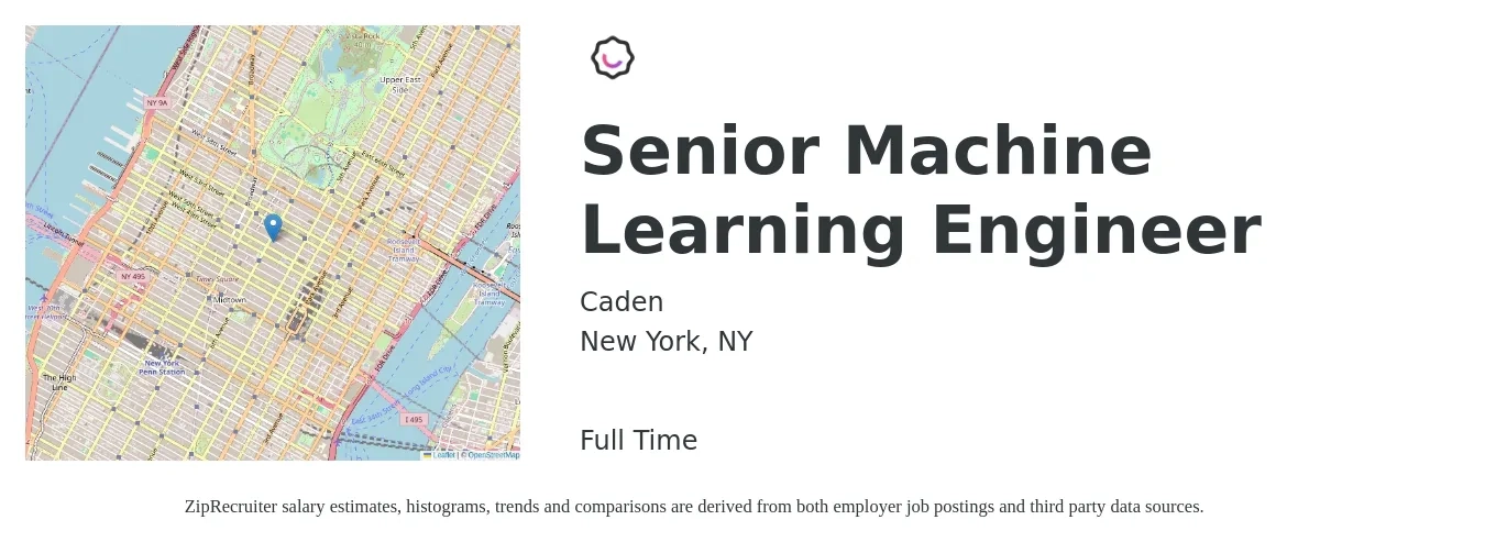 Caden job posting for a Senior Machine Learning Engineer in New York, NY with a salary of $160,000 to $190,000 Yearly with a map of New York location.