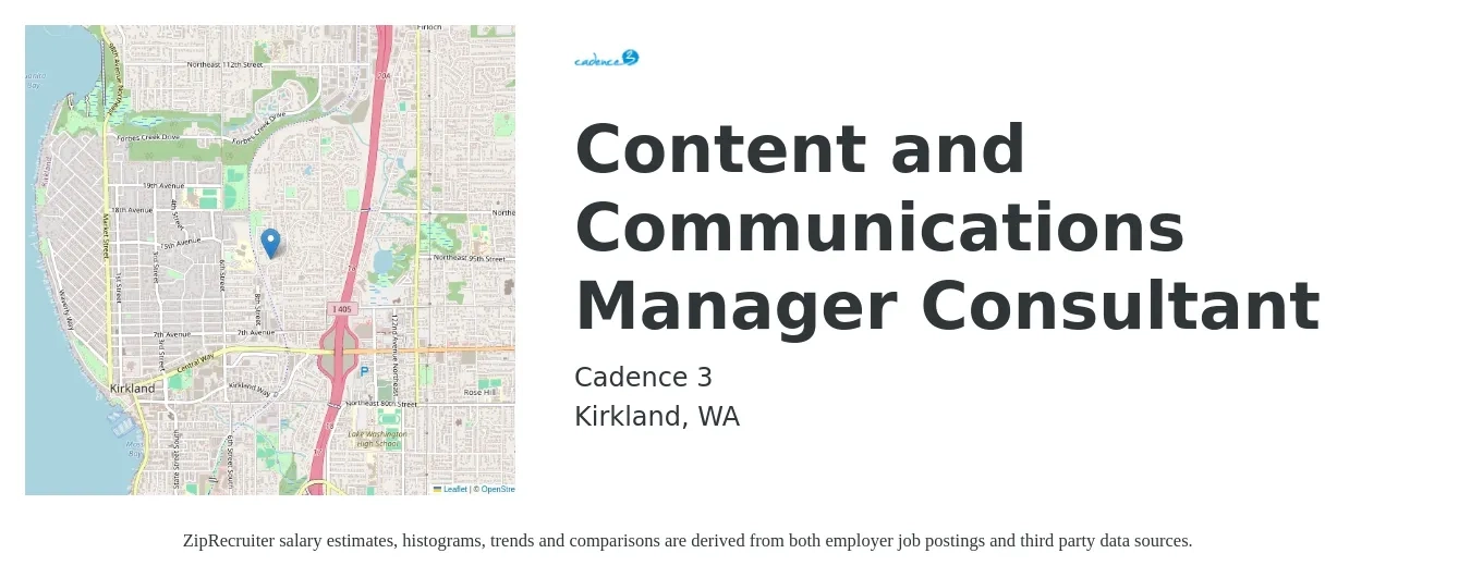 Cadence 3 job posting for a Content and Communications Manager Consultant in Kirkland, WA with a salary of $37 to $53 Hourly with a map of Kirkland location.
