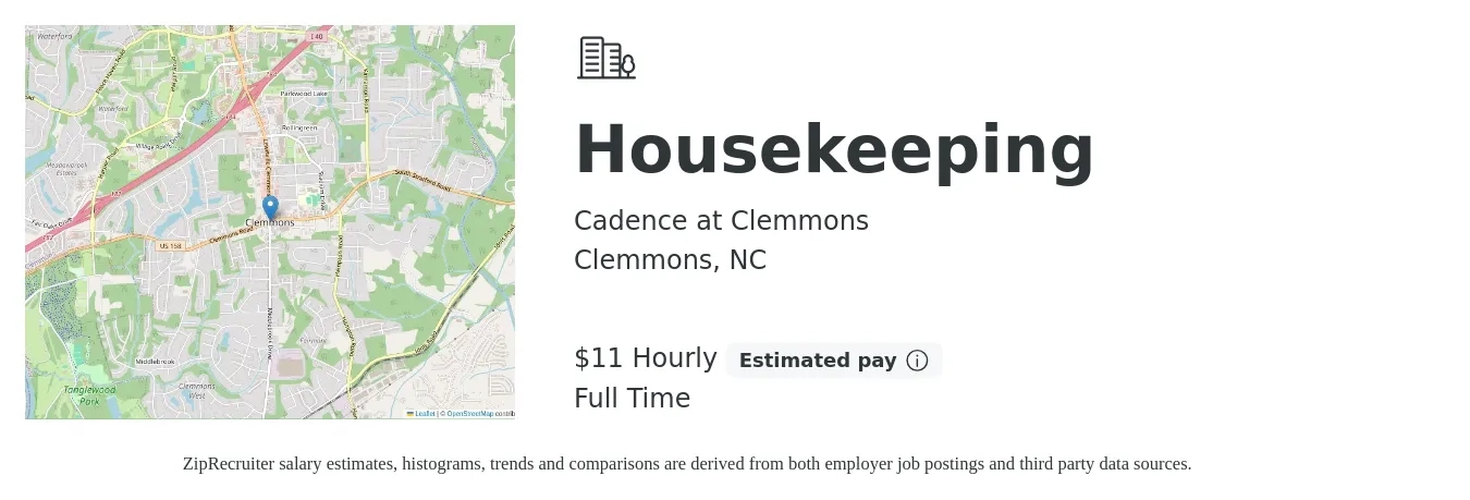 Cadence at Clemmons job posting for a Housekeeping in Clemmons, NC with a salary of $12 Hourly with a map of Clemmons location.