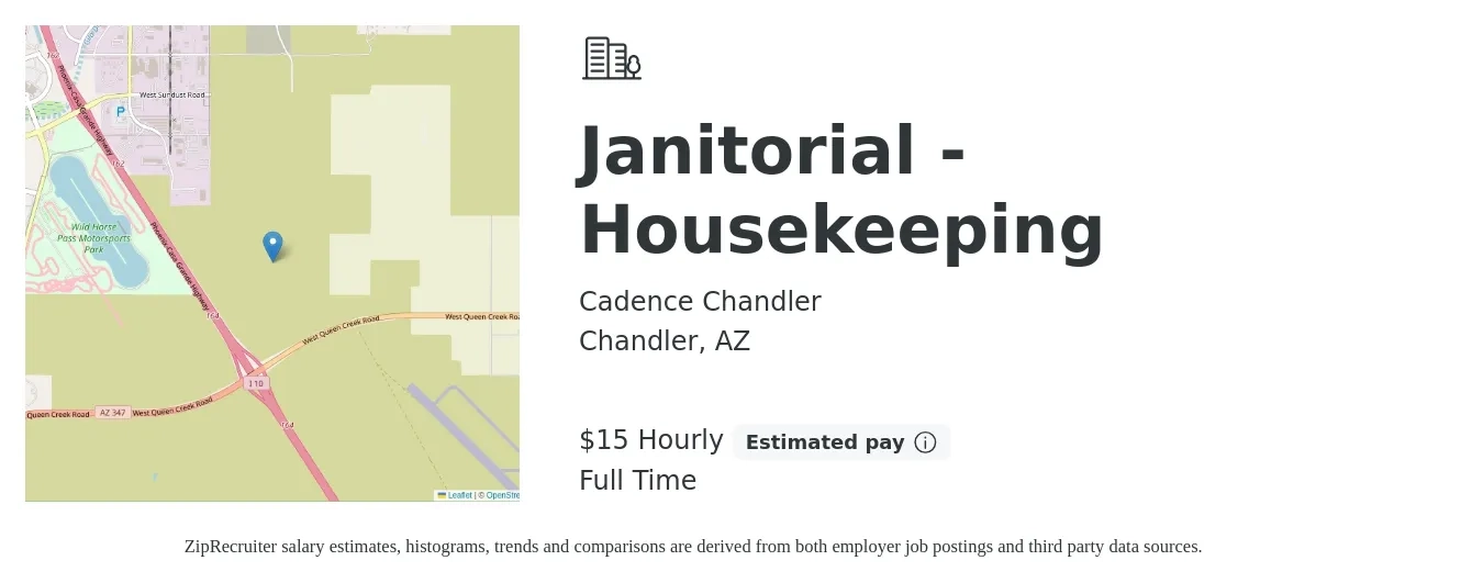 Cadence Chandler job posting for a Janitorial - Housekeeping in Chandler, AZ with a salary of $16 Hourly with a map of Chandler location.