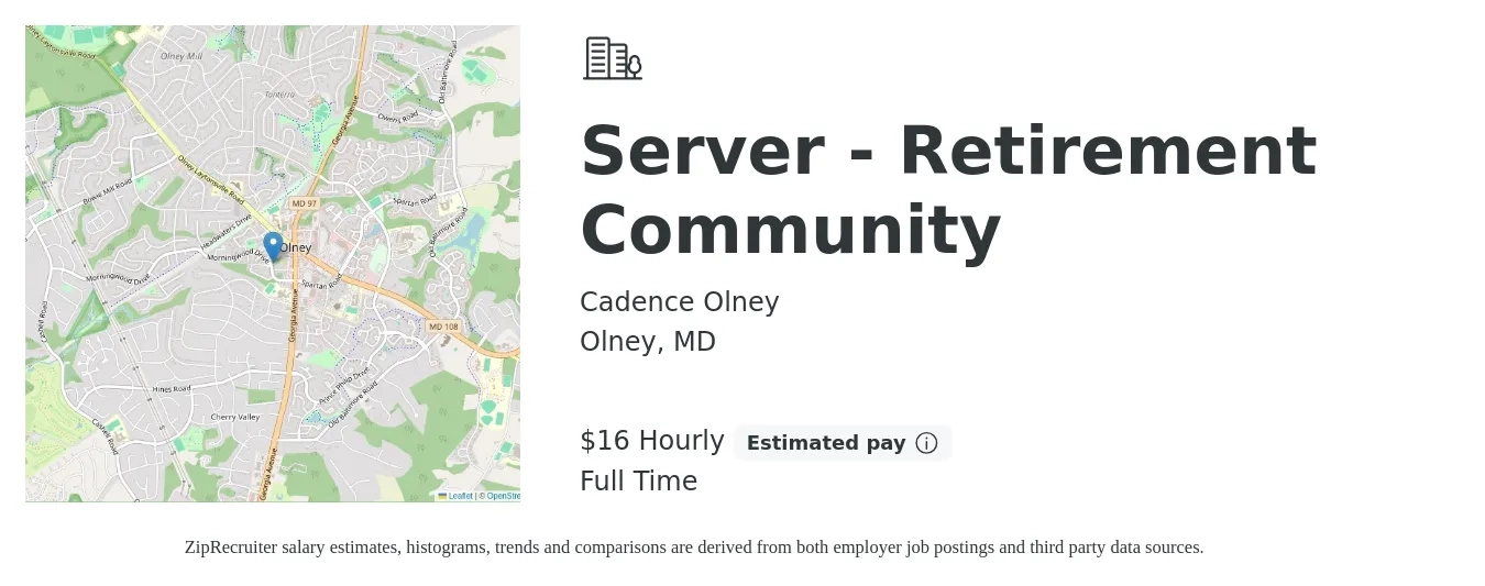 Cadence Olney job posting for a Server - Retirement Community in Olney, MD with a salary of $11 to $18 Hourly with a map of Olney location.