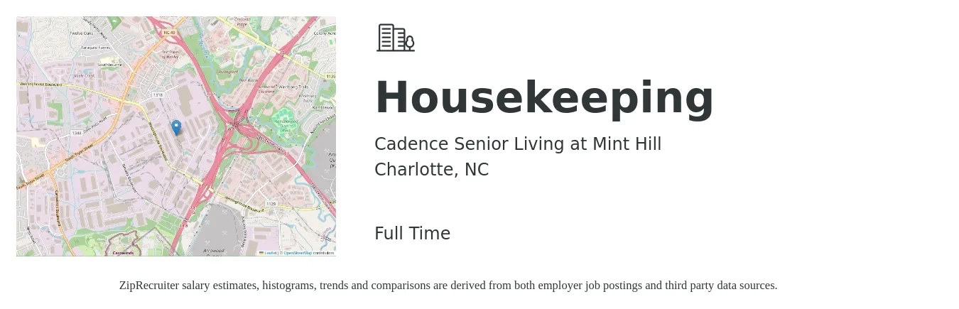 Cadence Senior Living at Mint Hill job posting for a Housekeeping in Charlotte, NC with a salary of $14 to $18 Hourly with a map of Charlotte location.