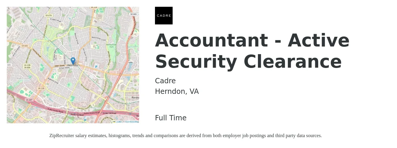 Cadre job posting for a Accountant - Active Security Clearance in Herndon, VA with a salary of $55,000 to $80,700 Yearly with a map of Herndon location.