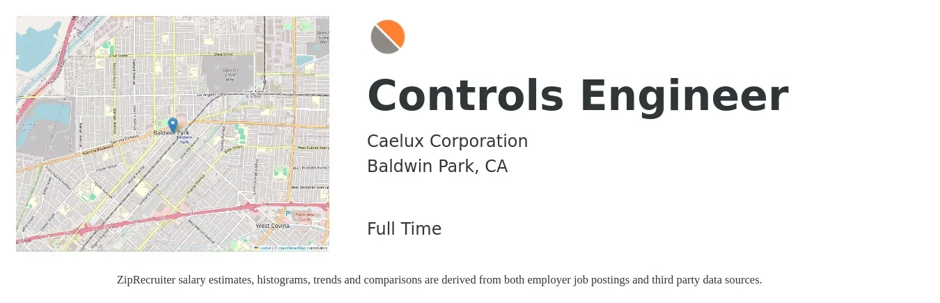 Caelux Corporation job posting for a Controls Engineer in Baldwin Park, CA with a salary of $120,000 to $162,000 Yearly with a map of Baldwin Park location.