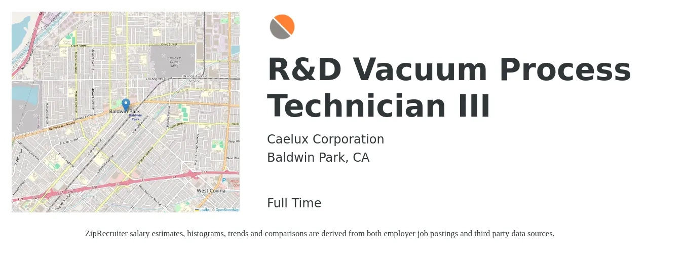 Caelux Corporation job posting for a R&D Vacuum Process Technician III in Baldwin Park, CA with a salary of $69,000 to $105,000 Yearly with a map of Baldwin Park location.