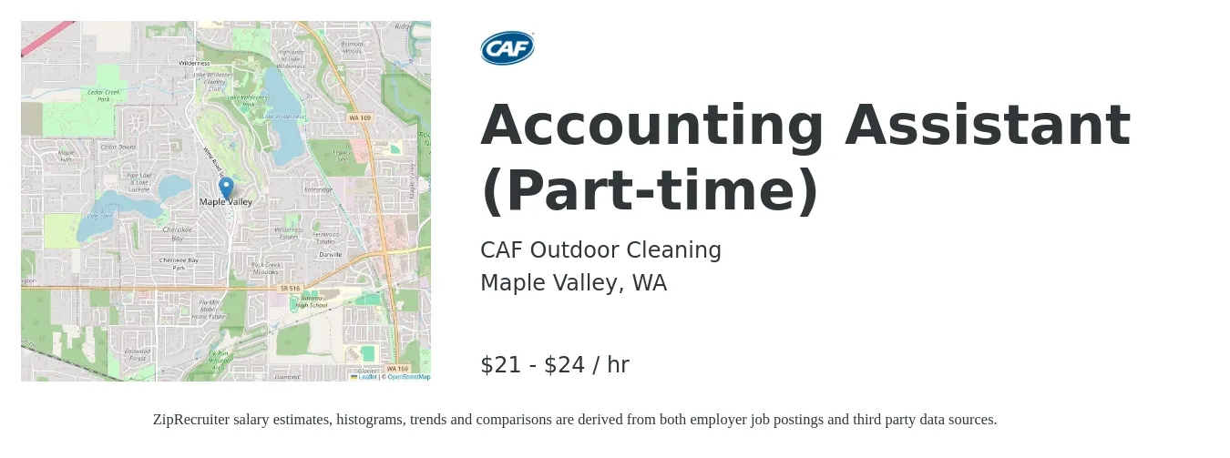 CAF Outdoor Cleaning job posting for a Accounting Assistant (Part-time) in Maple Valley, WA with a salary of $22 to $25 Hourly with a map of Maple Valley location.