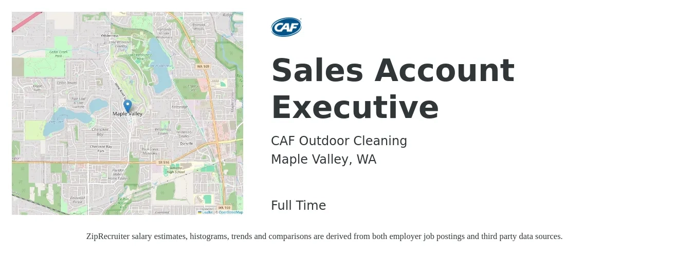 CAF Outdoor Cleaning job posting for a Sales Account Executive in Maple Valley, WA with a salary of $61,900 to $97,200 Yearly with a map of Maple Valley location.