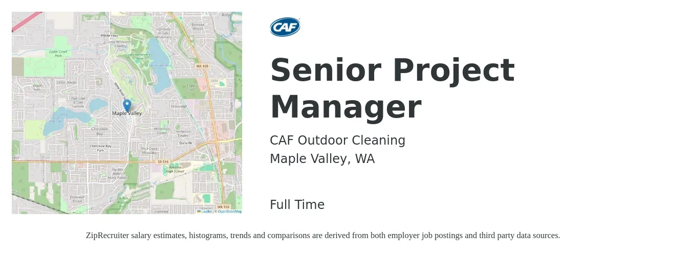 CAF Outdoor Cleaning job posting for a Senior Project Manager in Maple Valley, WA with a salary of $119,700 to $168,900 Yearly with a map of Maple Valley location.