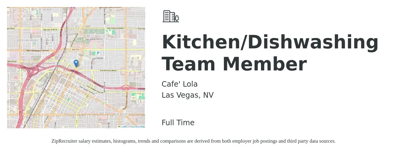 Cafe' Lola job posting for a Kitchen/Dishwashing Team Member in Las Vegas, NV with a salary of $12 to $16 Hourly with a map of Las Vegas location.