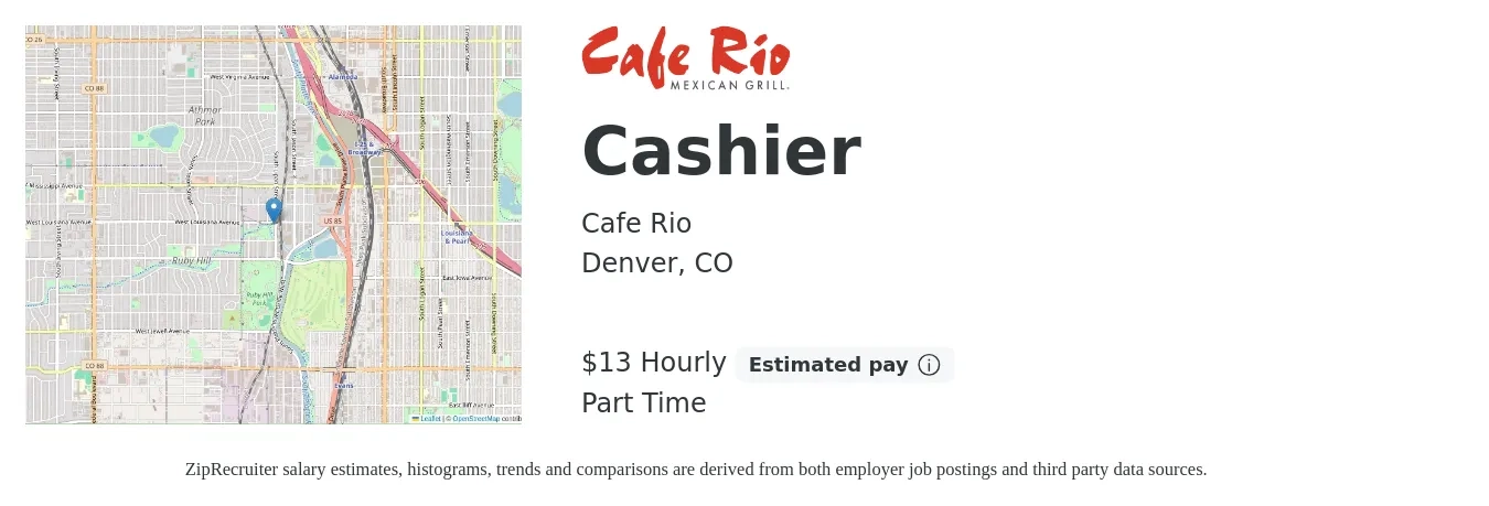 Cafe Rio job posting for a Cashier in Denver, CO with a salary of $16 Hourly with a map of Denver location.