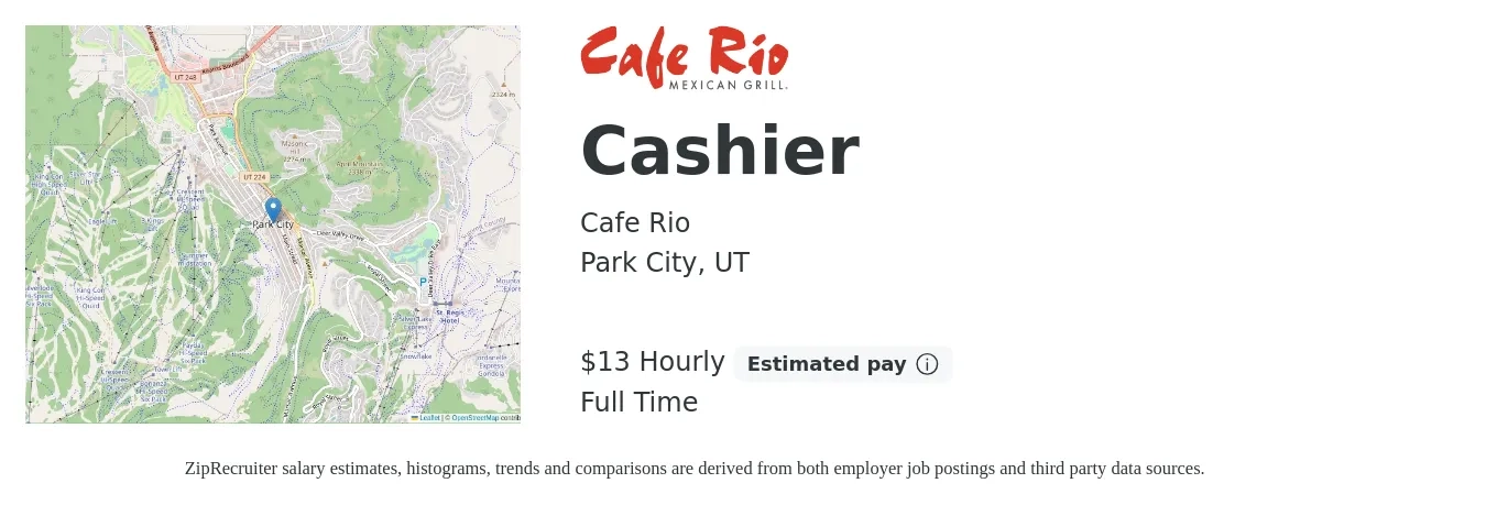 Cafe Rio job posting for a Cashier in Park City, UT with a salary of $14 Hourly with a map of Park City location.