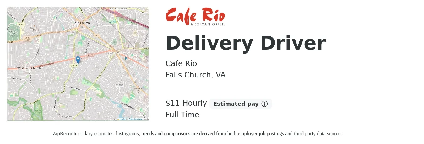 Cafe Rio job posting for a Delivery Driver in Falls Church, VA with a salary of $12 Hourly with a map of Falls Church location.