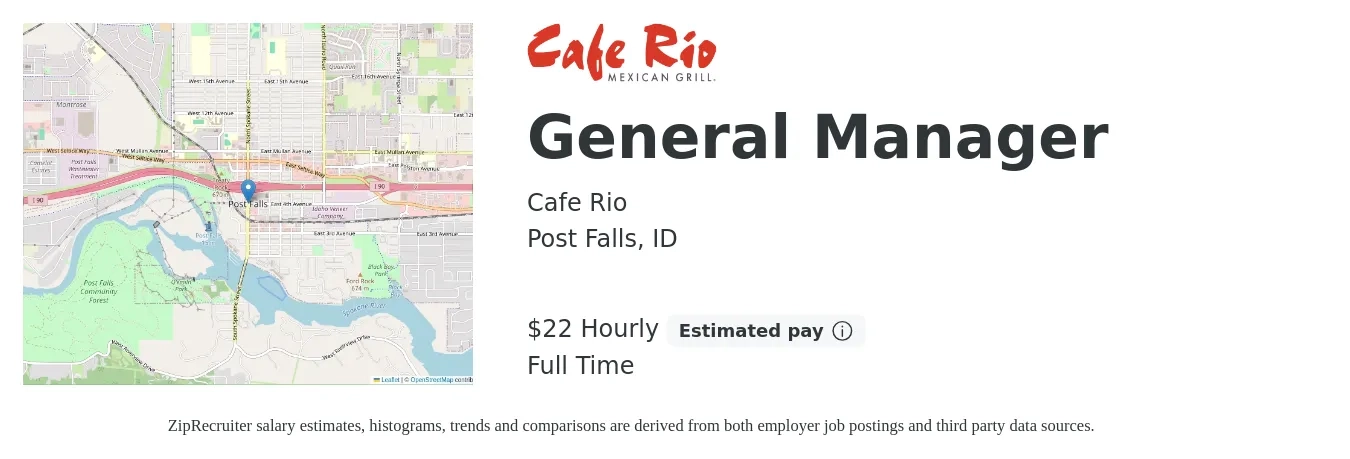 Cafe Rio job posting for a General Manager in Post Falls, ID with a salary of $20 Hourly with a map of Post Falls location.