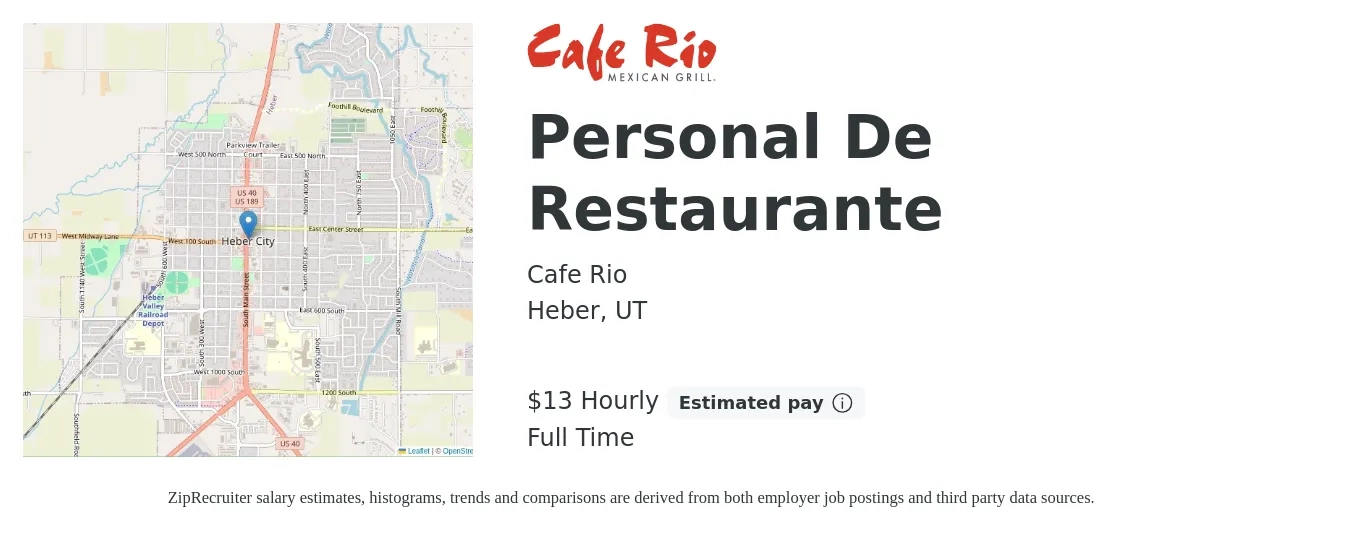 Cafe Rio job posting for a Personal De Restaurante in Heber, UT with a salary of $14 to $14 Hourly with a map of Heber location.