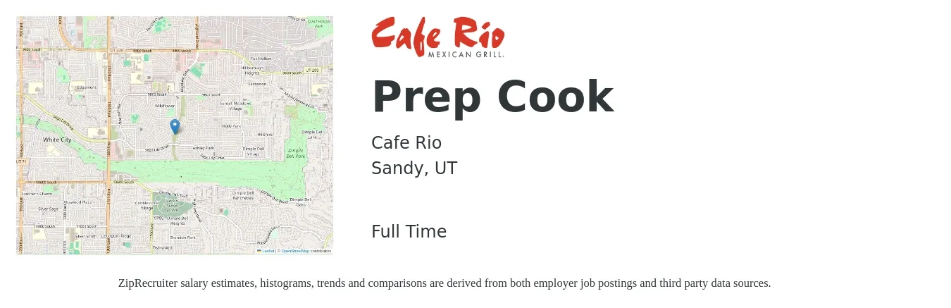 Cafe Rio job posting for a Prep Cook in Sandy, UT with a salary of $14 to $17 Hourly with a map of Sandy location.