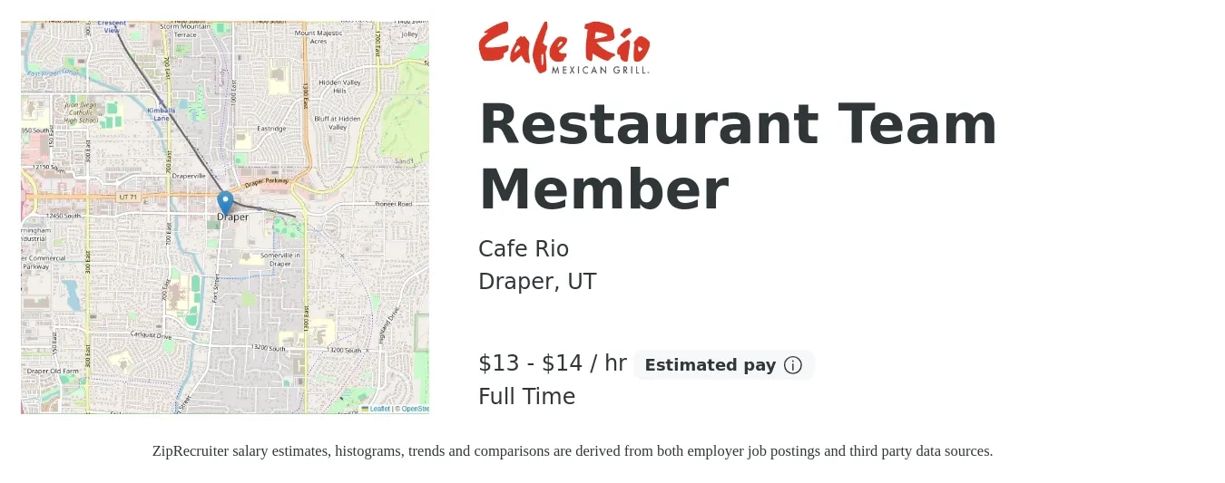 Cafe Rio job posting for a Restaurant Team Member in Draper, UT with a salary of $14 to $15 Hourly with a map of Draper location.