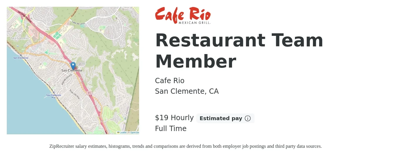 Cafe Rio job posting for a Restaurant Team Member in San Clemente, CA with a salary of $20 Hourly with a map of San Clemente location.