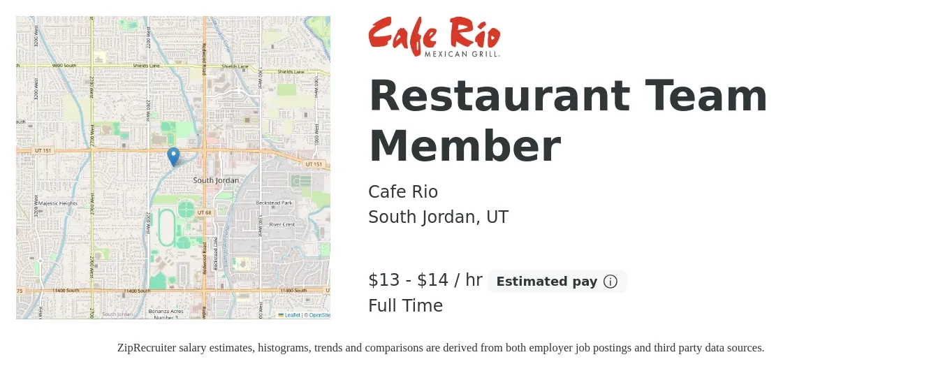 Cafe Rio job posting for a Restaurant Team Member in South Jordan, UT with a salary of $14 to $15 Hourly with a map of South Jordan location.
